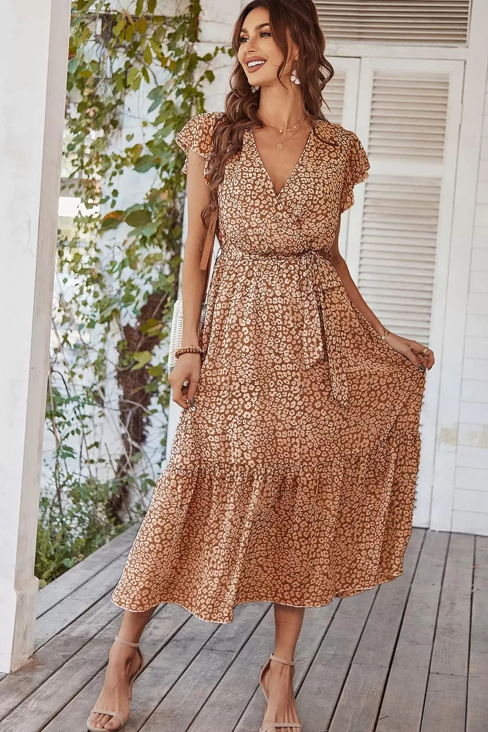 imagePRETTYGARDEN Womens 2024 Floral Boho Dress Wrap V Neck Short Sleeve Belted Ruffle Hem ALine Flowy Maxi DressesCoffee