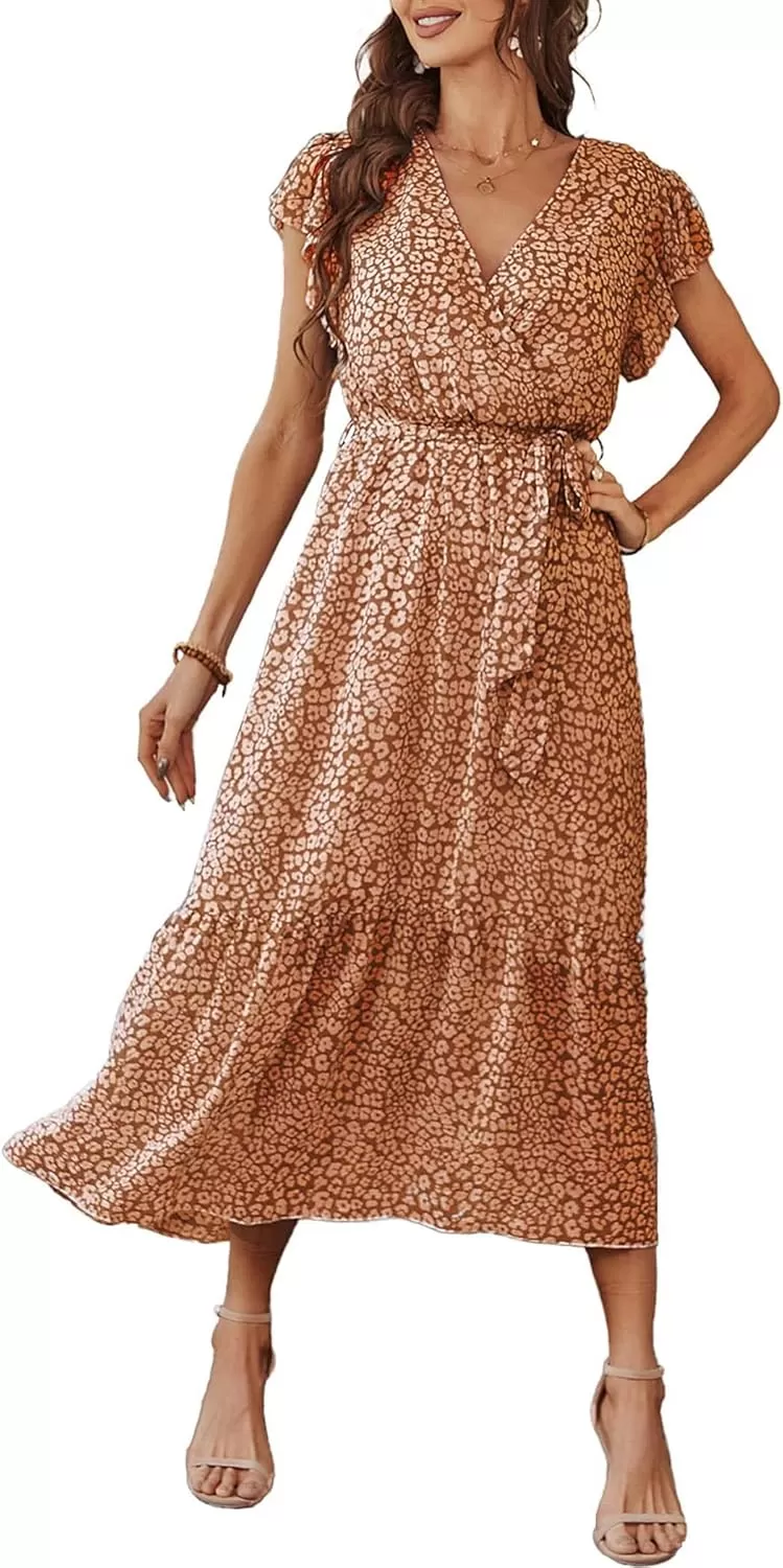 imagePRETTYGARDEN Womens 2024 Floral Boho Dress Wrap V Neck Short Sleeve Belted Ruffle Hem ALine Flowy Maxi DressesCoffee