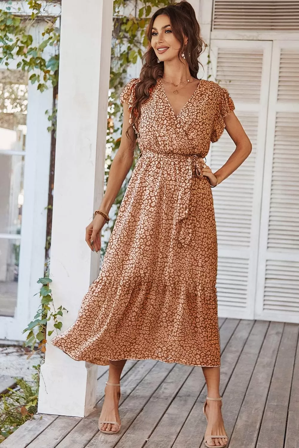 imagePRETTYGARDEN Womens 2024 Floral Boho Dress Wrap V Neck Short Sleeve Belted Ruffle Hem ALine Flowy Maxi DressesCoffee