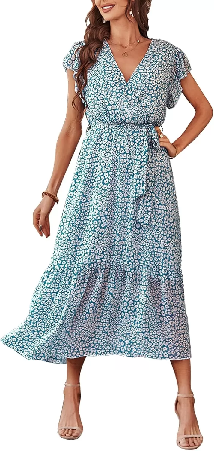 imagePRETTYGARDEN Womens 2024 Floral Boho Dress Wrap V Neck Short Sleeve Belted Ruffle Hem ALine Flowy Maxi DressesDark Blue