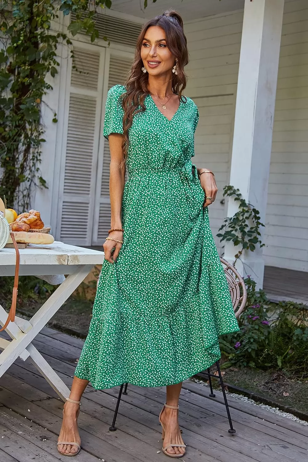 imagePRETTYGARDEN Womens 2024 Floral Boho Dress Wrap V Neck Short Sleeve Belted Ruffle Hem ALine Flowy Maxi DressesGreen Floral