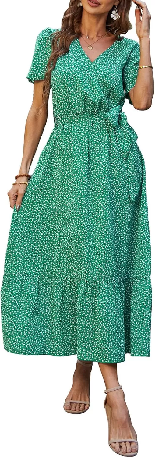 imagePRETTYGARDEN Womens 2024 Floral Boho Dress Wrap V Neck Short Sleeve Belted Ruffle Hem ALine Flowy Maxi DressesGreen Floral
