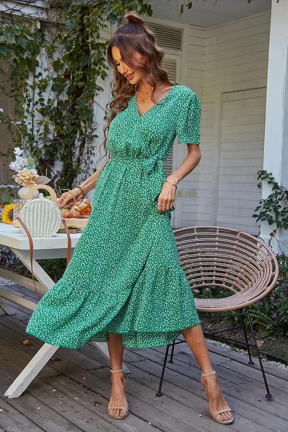 imagePRETTYGARDEN Womens 2024 Floral Boho Dress Wrap V Neck Short Sleeve Belted Ruffle Hem ALine Flowy Maxi DressesGreen Floral