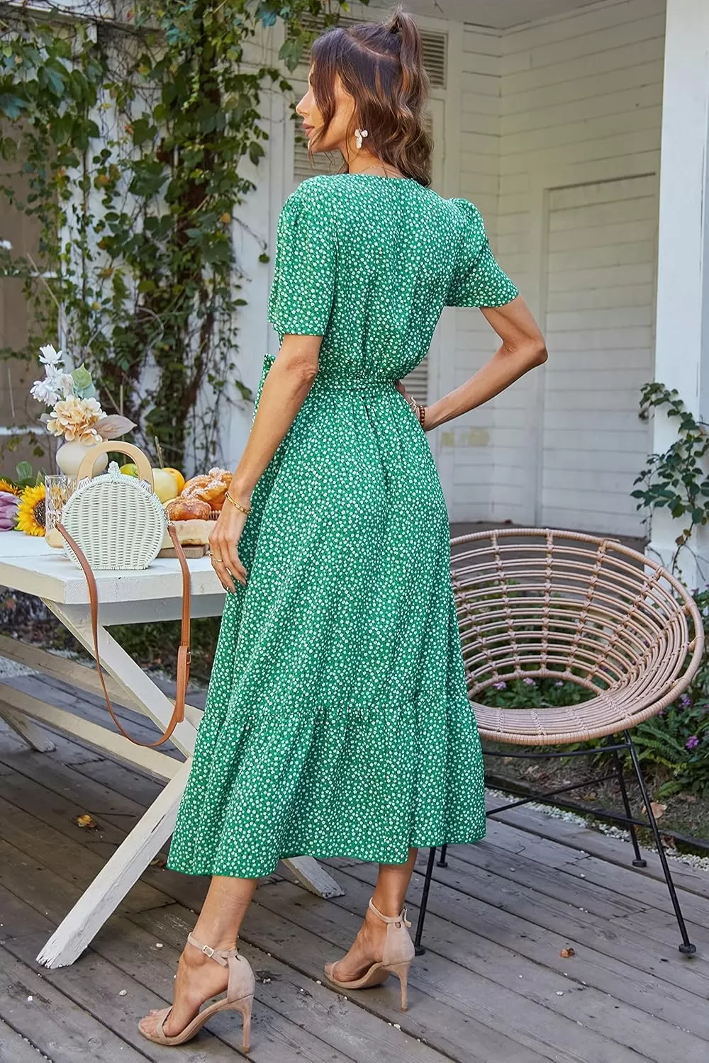imagePRETTYGARDEN Womens 2024 Floral Boho Dress Wrap V Neck Short Sleeve Belted Ruffle Hem ALine Flowy Maxi DressesGreen Floral