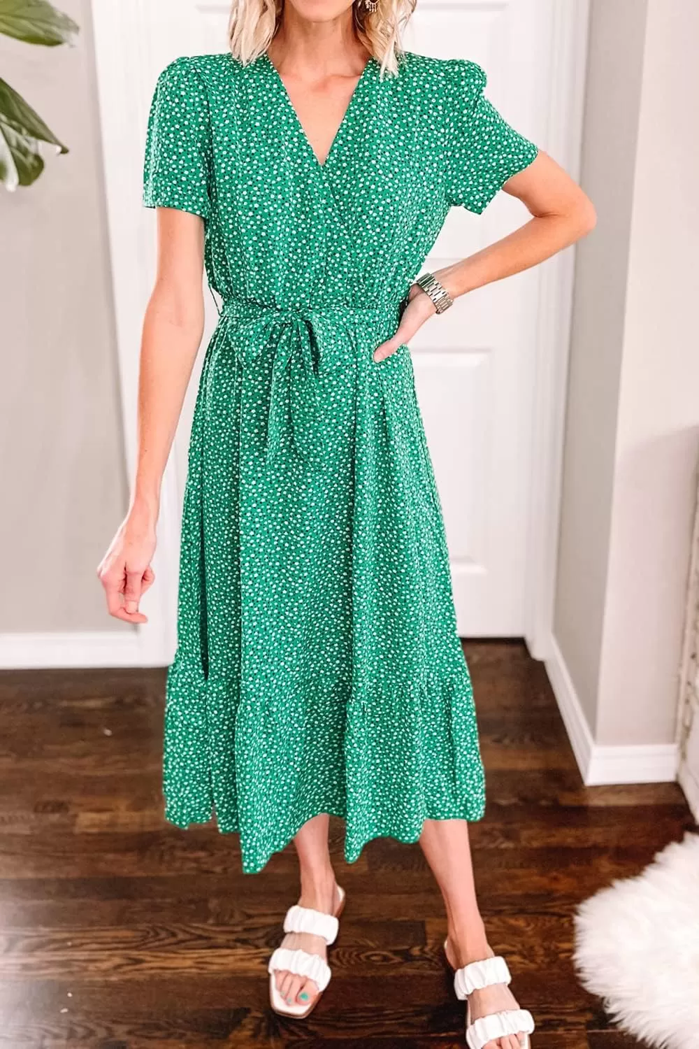 imagePRETTYGARDEN Womens 2024 Floral Boho Dress Wrap V Neck Short Sleeve Belted Ruffle Hem ALine Flowy Maxi DressesGreen Floral