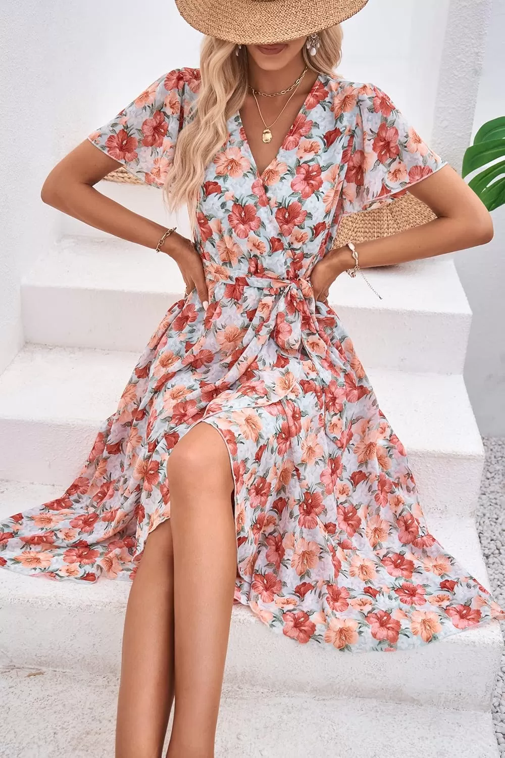 imagePRETTYGARDEN Womens 2024 Floral Boho Dress Wrap V Neck Short Sleeve Belted Ruffle Hem ALine Flowy Maxi DressesGreen Pink Floral