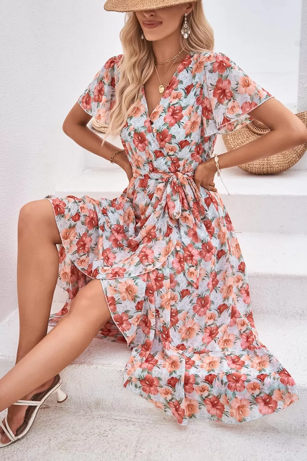 imagePRETTYGARDEN Womens 2024 Floral Boho Dress Wrap V Neck Short Sleeve Belted Ruffle Hem ALine Flowy Maxi DressesGreen Pink Floral