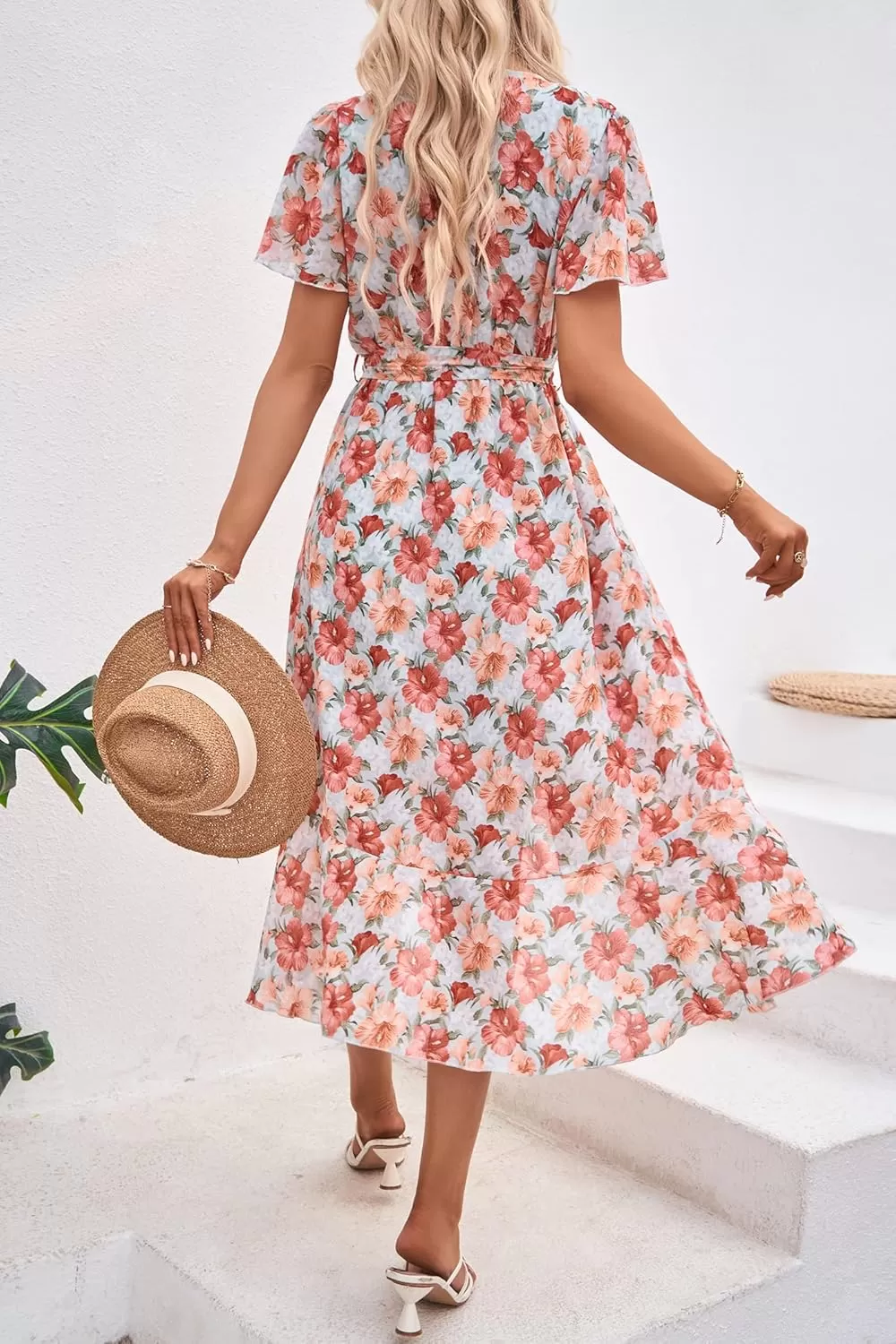 imagePRETTYGARDEN Womens 2024 Floral Boho Dress Wrap V Neck Short Sleeve Belted Ruffle Hem ALine Flowy Maxi DressesGreen Pink Floral