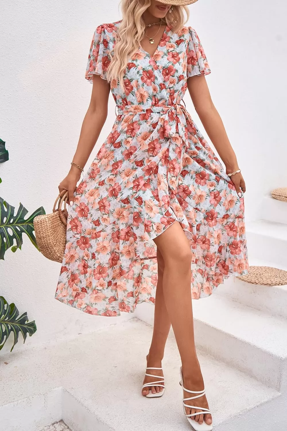 imagePRETTYGARDEN Womens 2024 Floral Boho Dress Wrap V Neck Short Sleeve Belted Ruffle Hem ALine Flowy Maxi DressesGreen Pink Floral