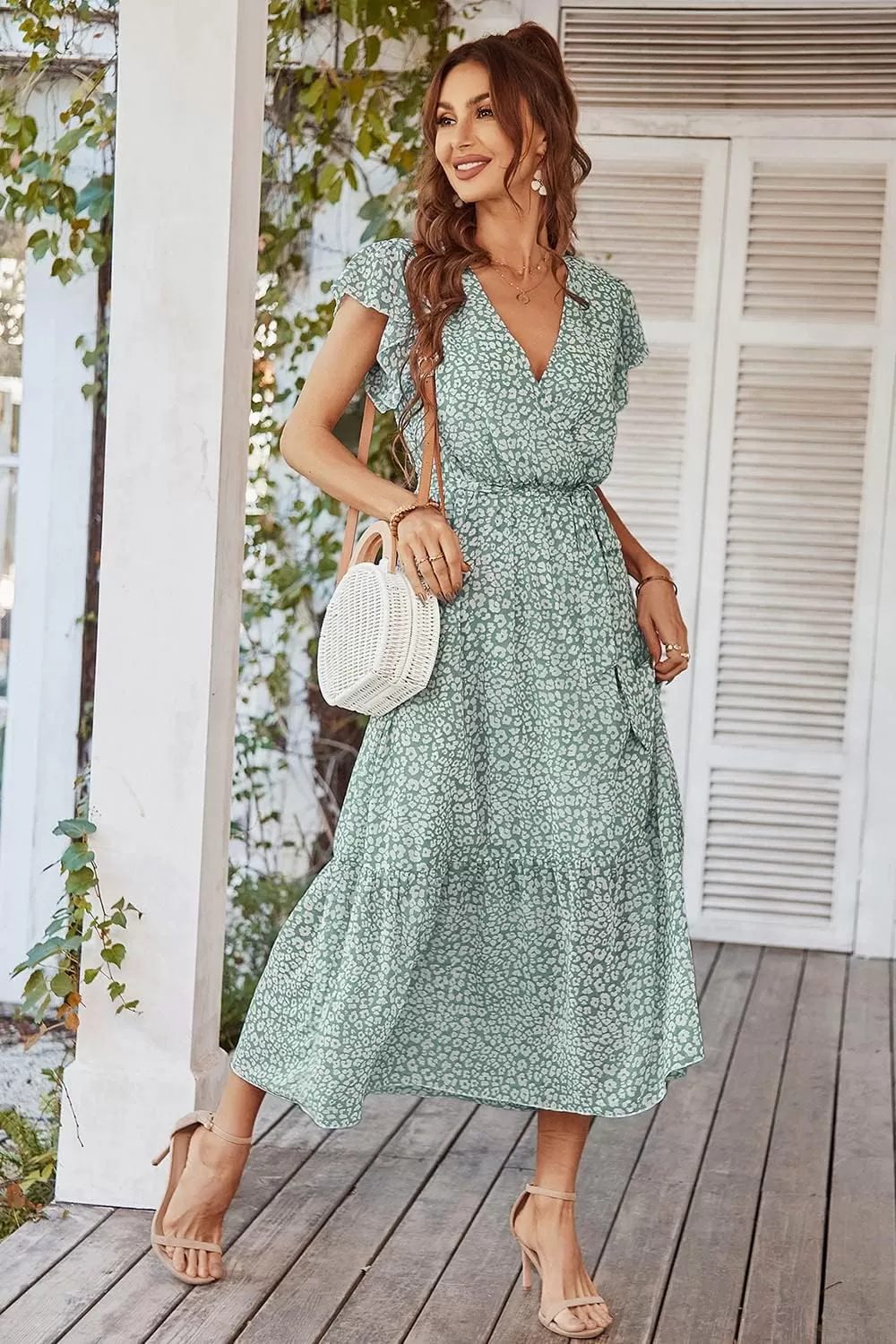 imagePRETTYGARDEN Womens 2024 Floral Boho Dress Wrap V Neck Short Sleeve Belted Ruffle Hem ALine Flowy Maxi DressesGreen01