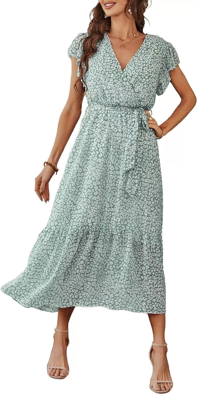 imagePRETTYGARDEN Womens 2024 Floral Boho Dress Wrap V Neck Short Sleeve Belted Ruffle Hem ALine Flowy Maxi DressesGreen01
