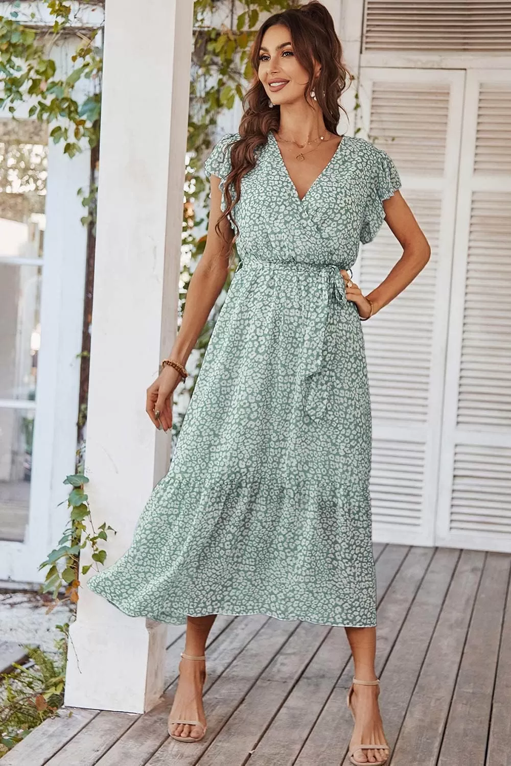 imagePRETTYGARDEN Womens 2024 Floral Boho Dress Wrap V Neck Short Sleeve Belted Ruffle Hem ALine Flowy Maxi DressesGreen01