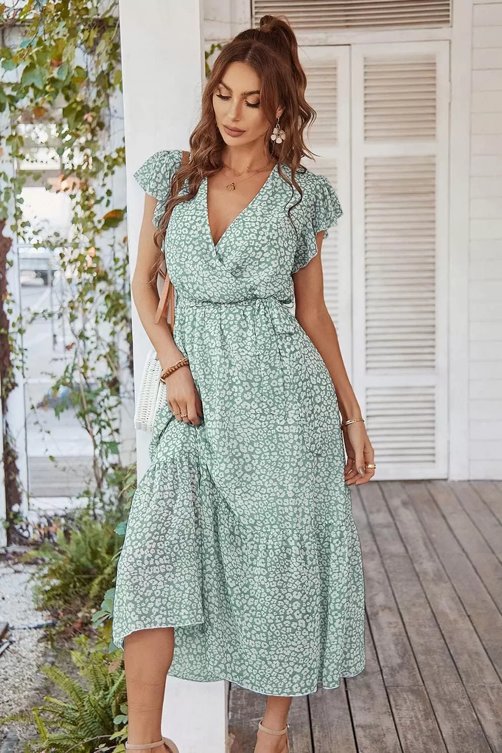 imagePRETTYGARDEN Womens 2024 Floral Boho Dress Wrap V Neck Short Sleeve Belted Ruffle Hem ALine Flowy Maxi DressesGreen01