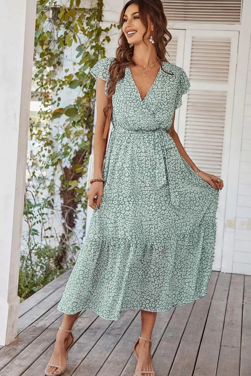 imagePRETTYGARDEN Womens 2024 Floral Boho Dress Wrap V Neck Short Sleeve Belted Ruffle Hem ALine Flowy Maxi DressesGreen01