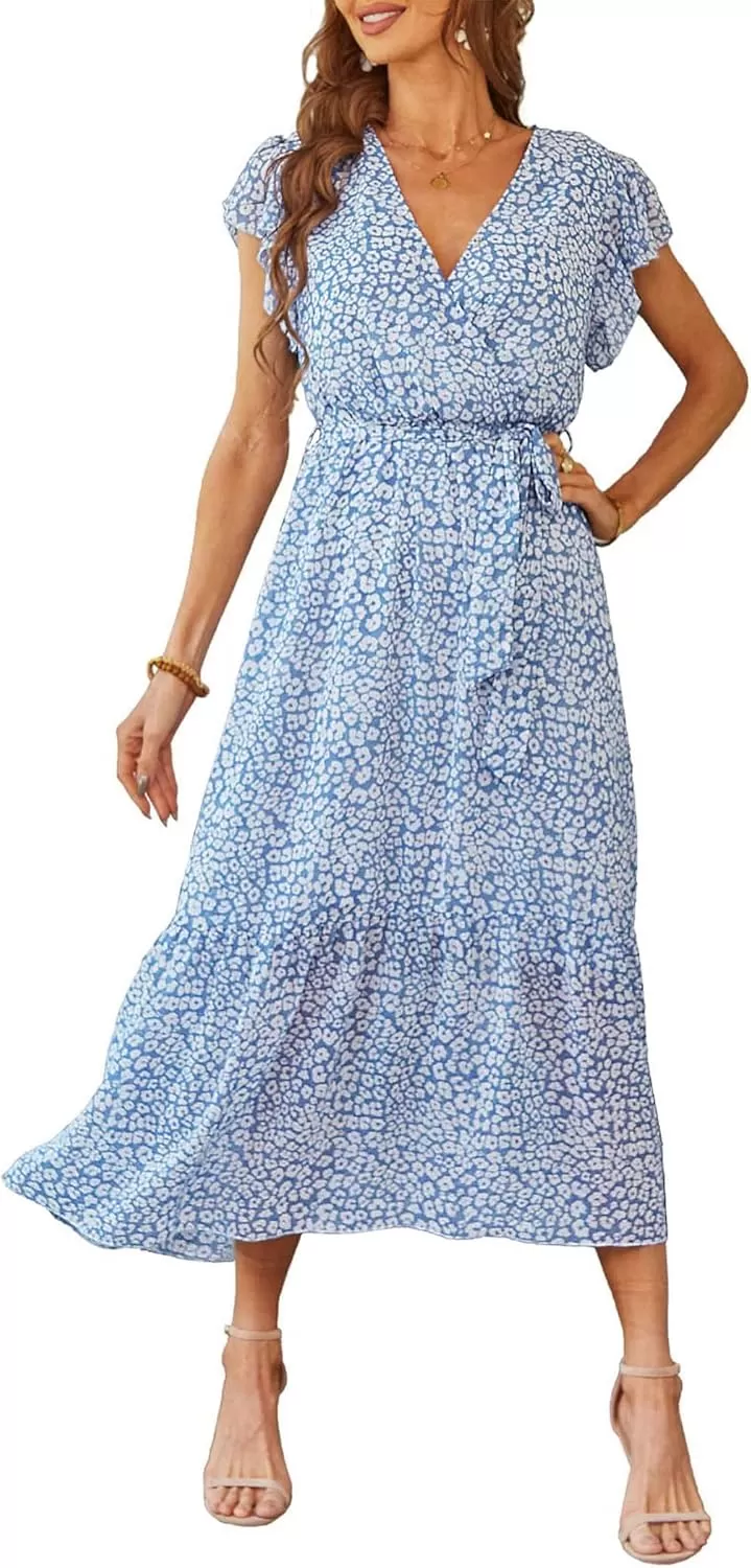 imagePRETTYGARDEN Womens 2024 Floral Boho Dress Wrap V Neck Short Sleeve Belted Ruffle Hem ALine Flowy Maxi DressesLight Blue