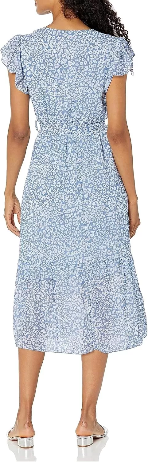 imagePRETTYGARDEN Womens 2024 Floral Boho Dress Wrap V Neck Short Sleeve Belted Ruffle Hem ALine Flowy Maxi DressesLight Blue