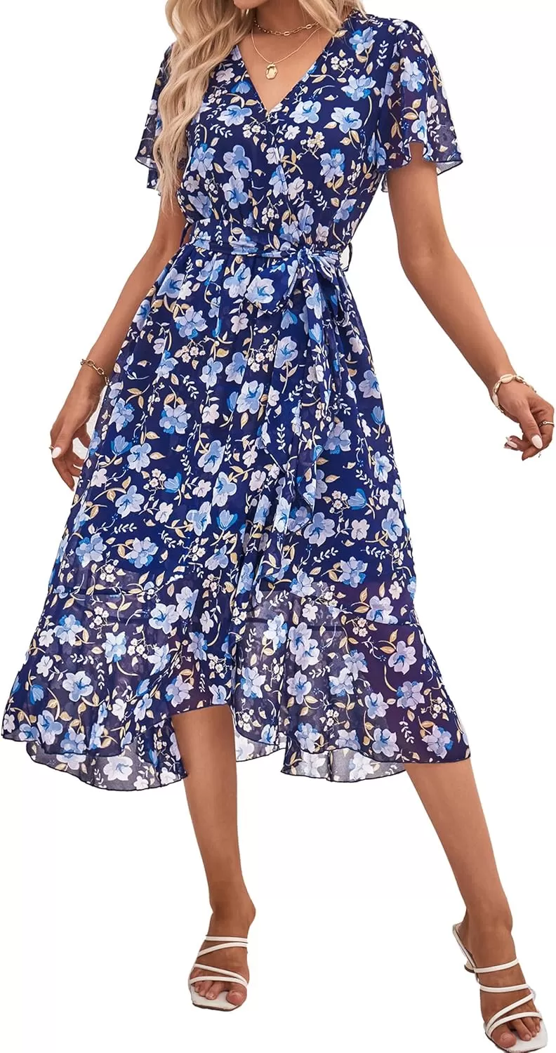 imagePRETTYGARDEN Womens 2024 Floral Boho Dress Wrap V Neck Short Sleeve Belted Ruffle Hem ALine Flowy Maxi DressesNavy White Floral