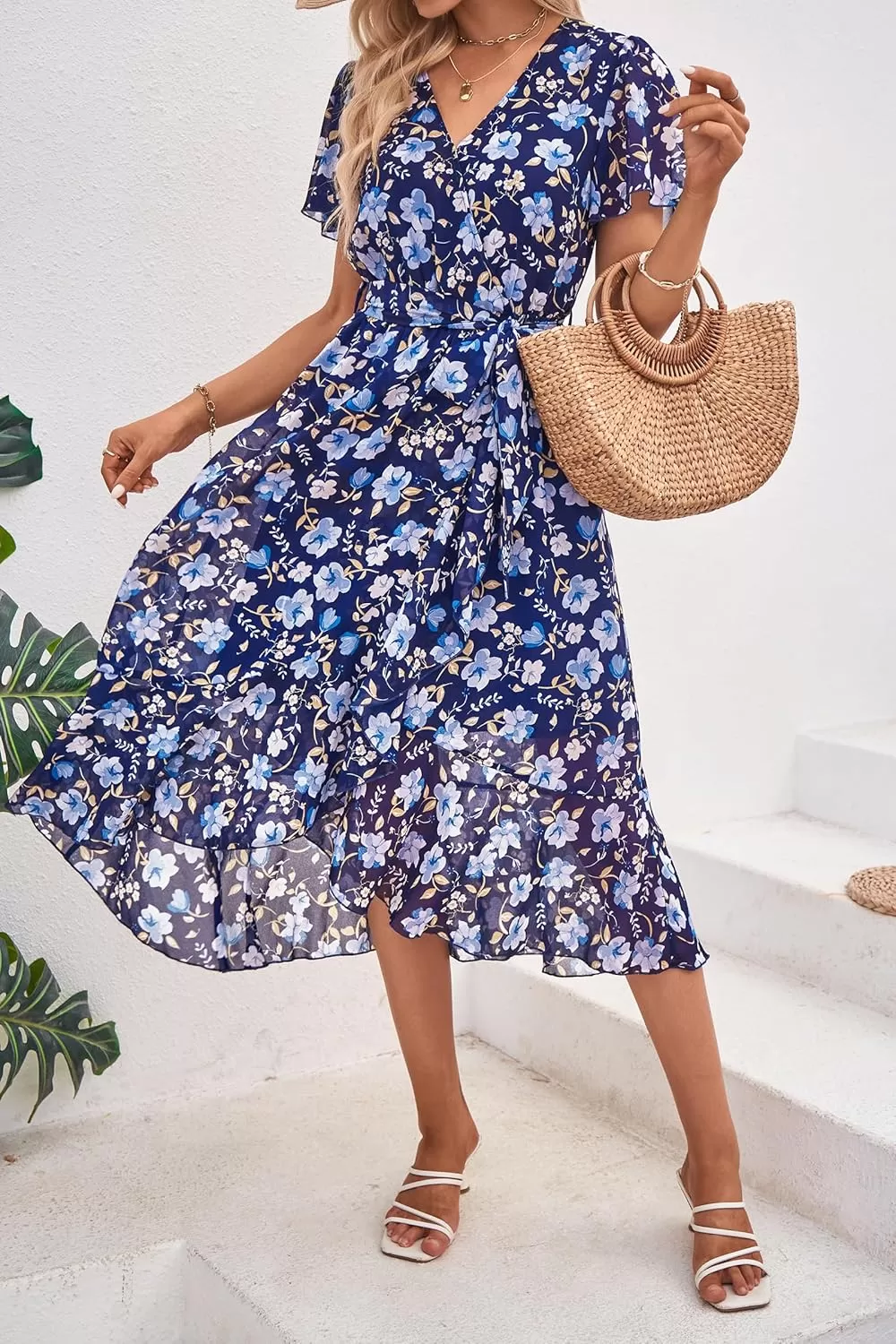 imagePRETTYGARDEN Womens 2024 Floral Boho Dress Wrap V Neck Short Sleeve Belted Ruffle Hem ALine Flowy Maxi DressesNavy White Floral