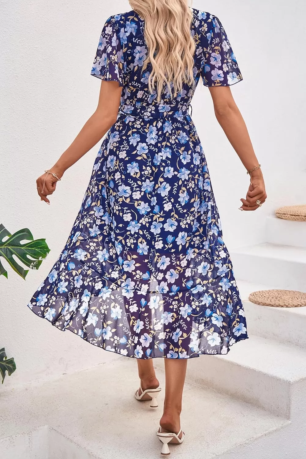 imagePRETTYGARDEN Womens 2024 Floral Boho Dress Wrap V Neck Short Sleeve Belted Ruffle Hem ALine Flowy Maxi DressesNavy White Floral