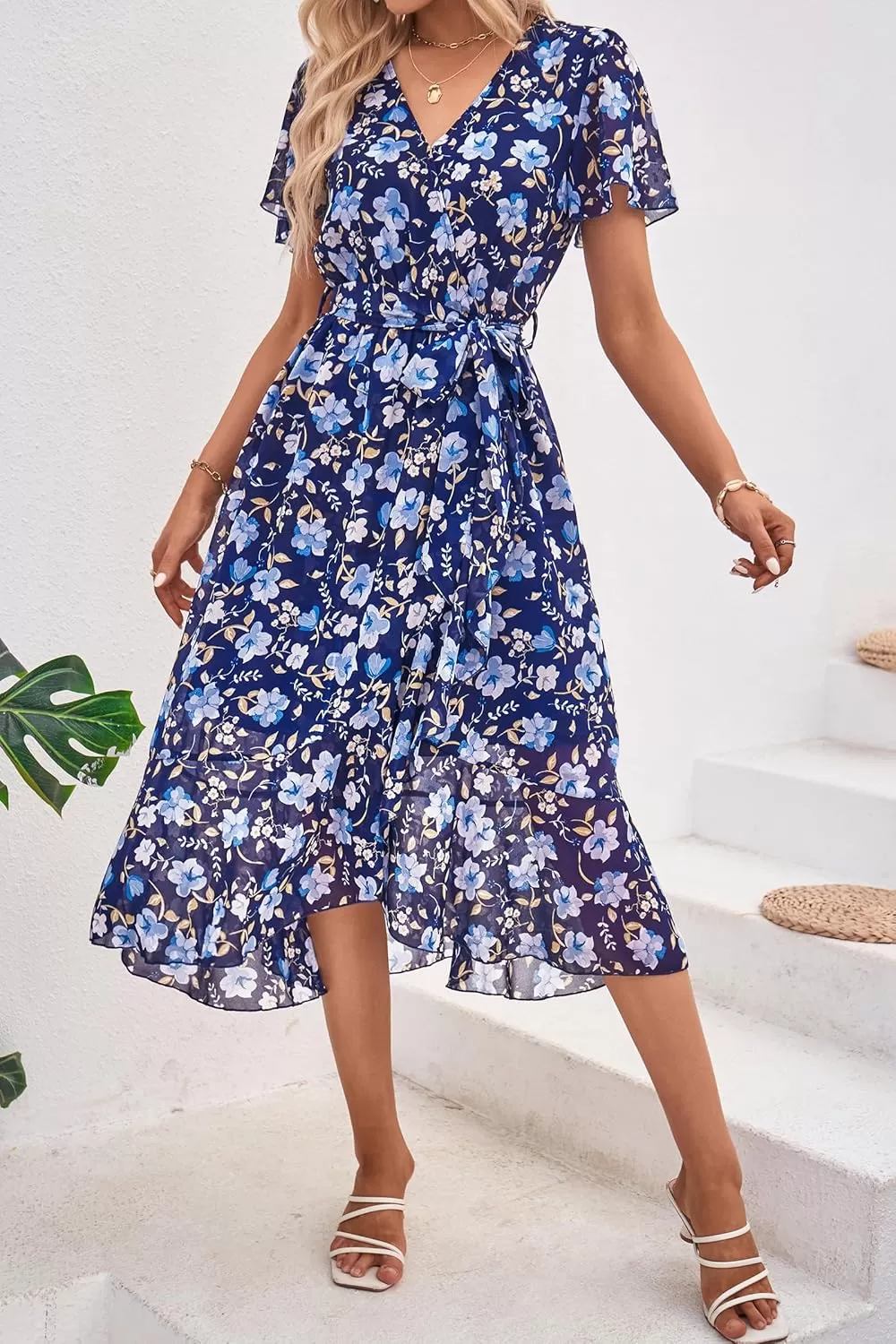 imagePRETTYGARDEN Womens 2024 Floral Boho Dress Wrap V Neck Short Sleeve Belted Ruffle Hem ALine Flowy Maxi DressesNavy White Floral