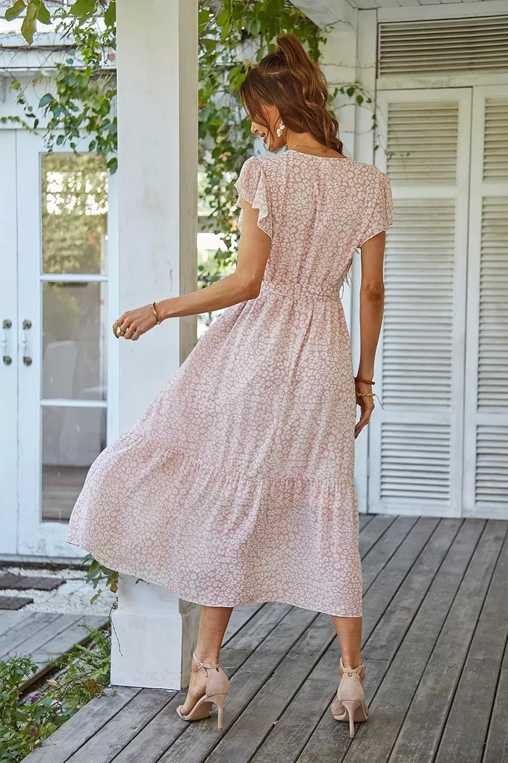 imagePRETTYGARDEN Womens 2024 Floral Boho Dress Wrap V Neck Short Sleeve Belted Ruffle Hem ALine Flowy Maxi DressesPink