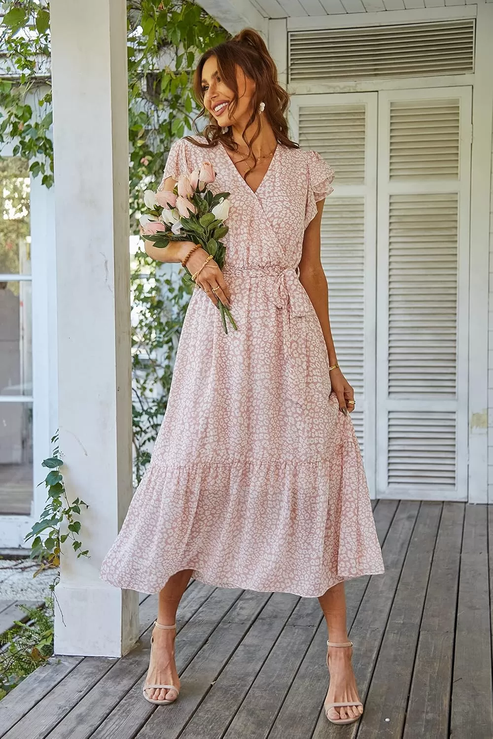 imagePRETTYGARDEN Womens 2024 Floral Boho Dress Wrap V Neck Short Sleeve Belted Ruffle Hem ALine Flowy Maxi DressesPink