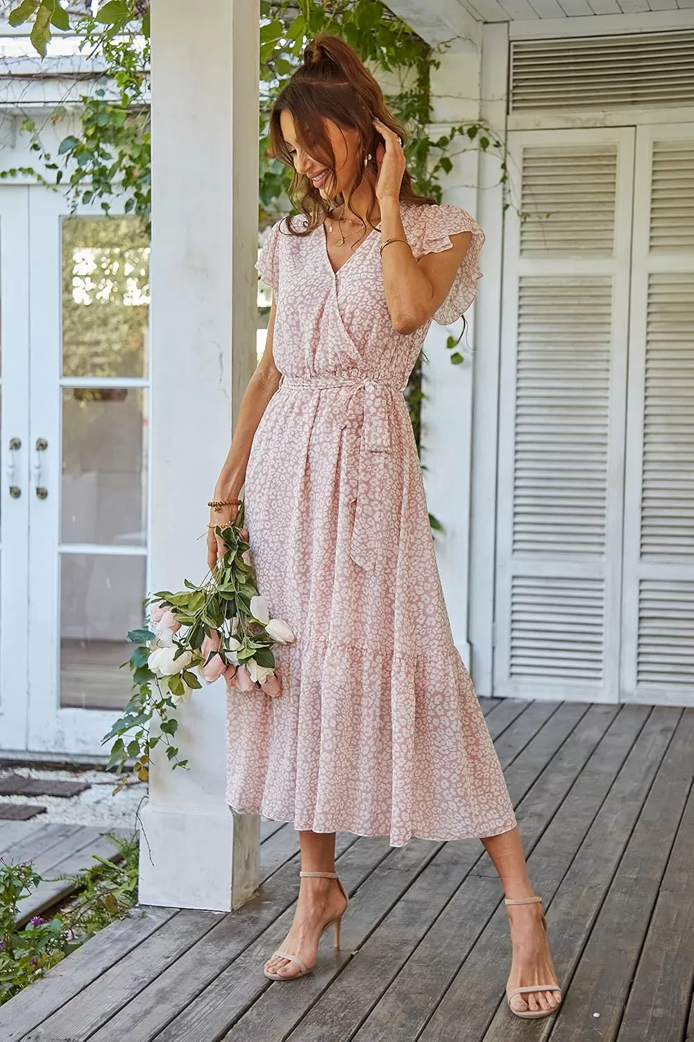 imagePRETTYGARDEN Womens 2024 Floral Boho Dress Wrap V Neck Short Sleeve Belted Ruffle Hem ALine Flowy Maxi DressesPink
