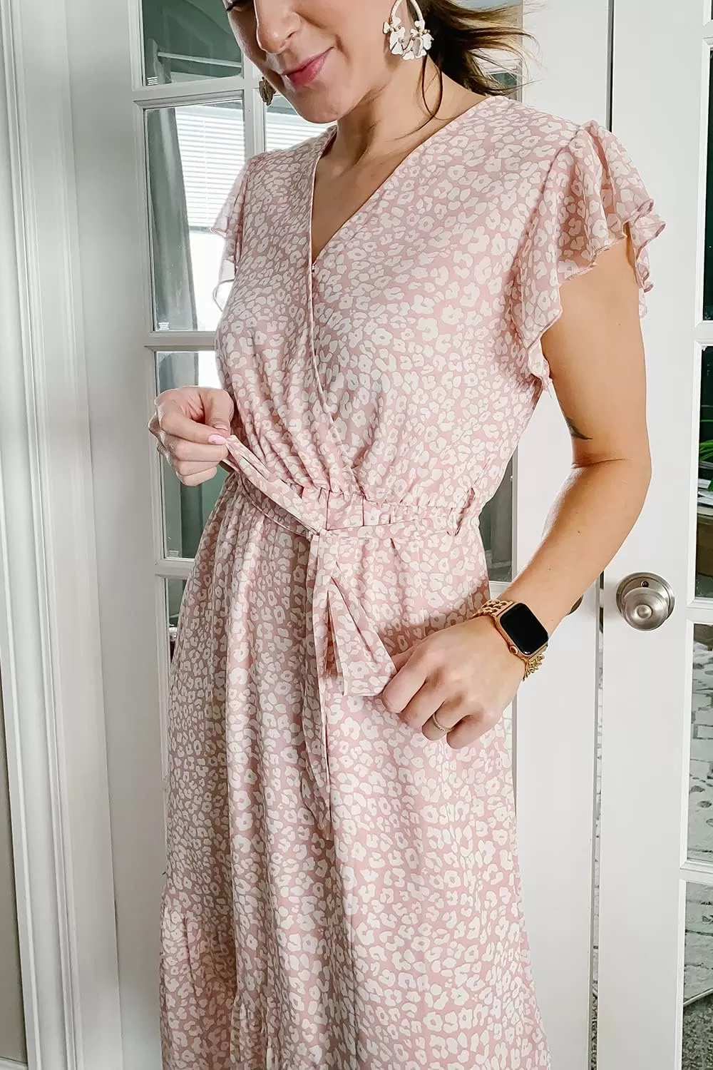 imagePRETTYGARDEN Womens 2024 Floral Boho Dress Wrap V Neck Short Sleeve Belted Ruffle Hem ALine Flowy Maxi DressesPink