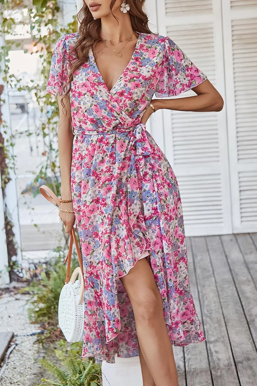 imagePRETTYGARDEN Womens 2024 Floral Boho Dress Wrap V Neck Short Sleeve Belted Ruffle Hem ALine Flowy Maxi DressesPink Floral