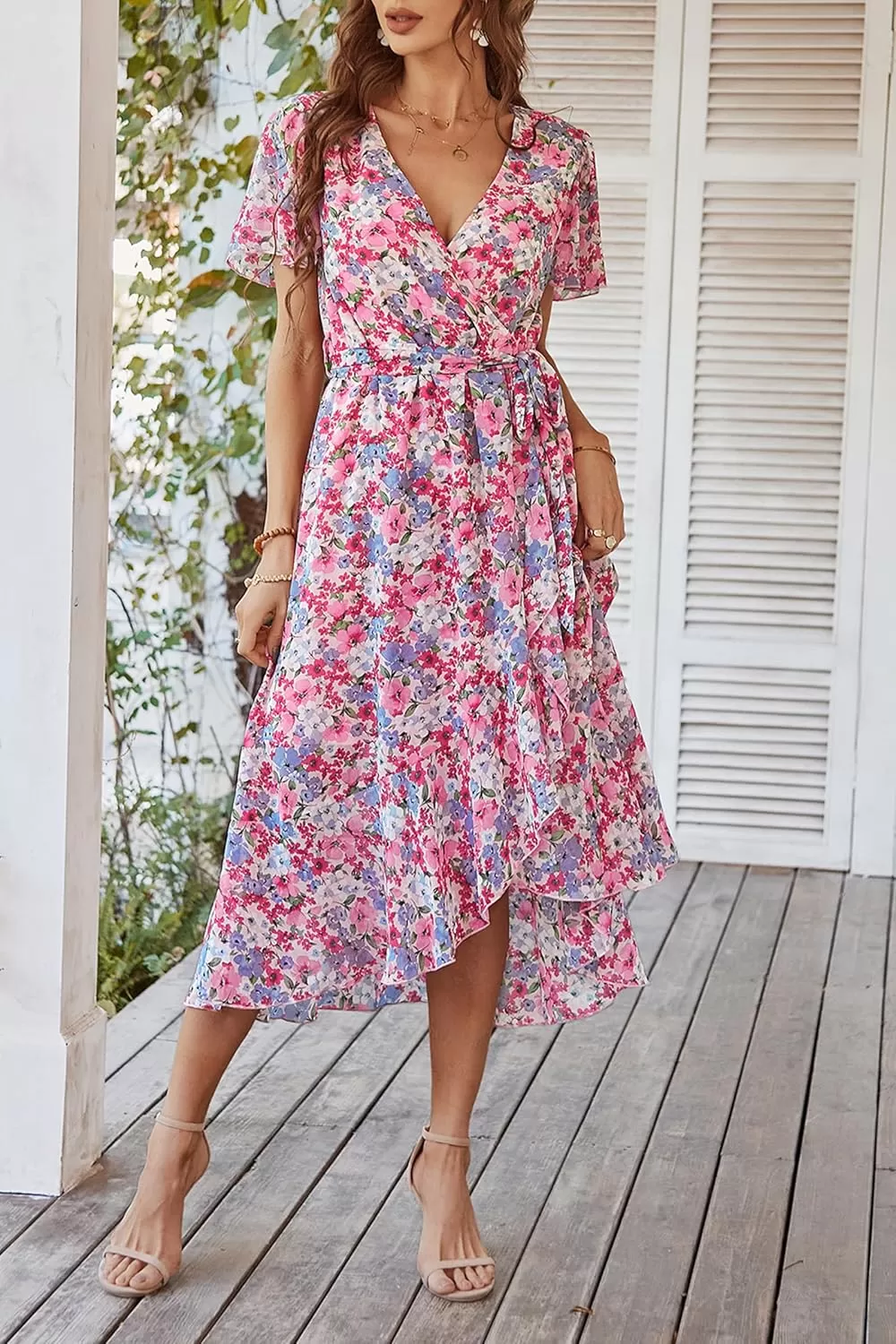 imagePRETTYGARDEN Womens 2024 Floral Boho Dress Wrap V Neck Short Sleeve Belted Ruffle Hem ALine Flowy Maxi DressesPink Floral