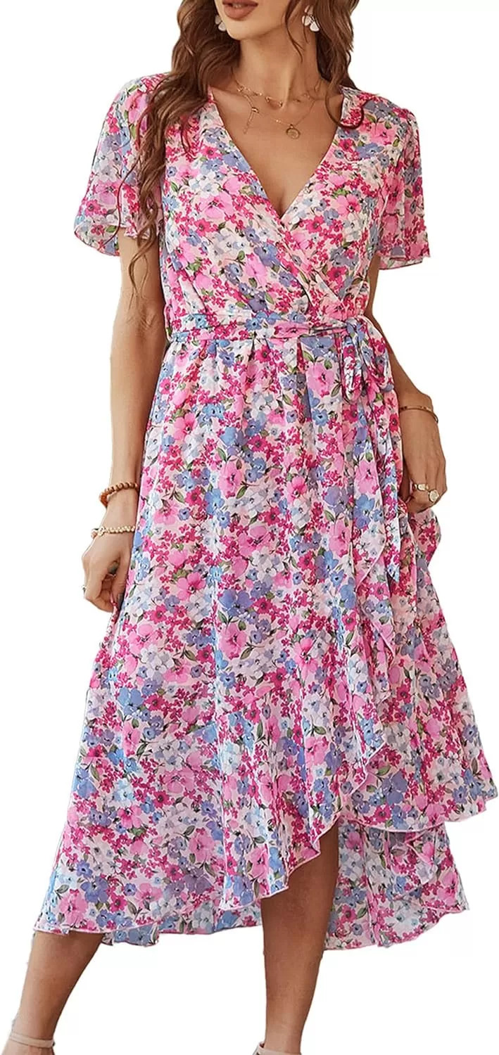 imagePRETTYGARDEN Womens 2024 Floral Boho Dress Wrap V Neck Short Sleeve Belted Ruffle Hem ALine Flowy Maxi DressesPink Floral
