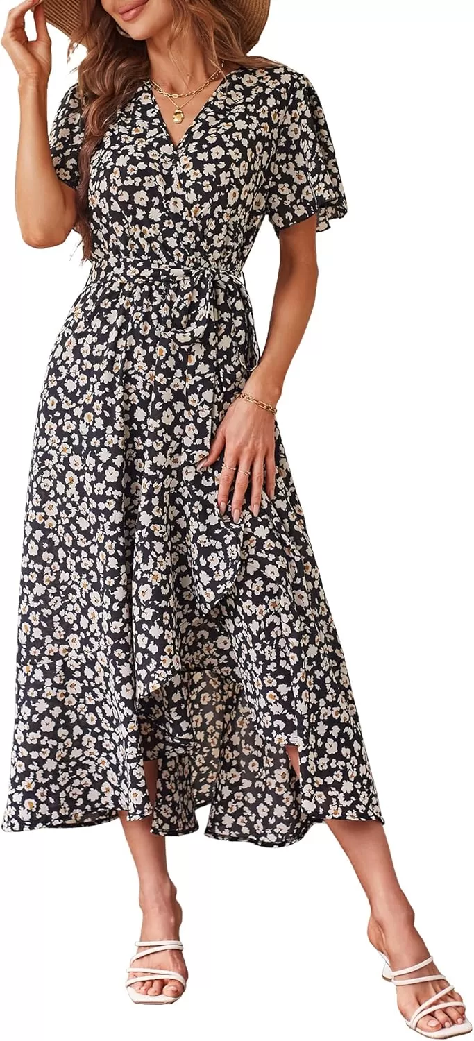 imagePRETTYGARDEN Womens 2024 Floral Boho Dress Wrap V Neck Short Sleeve Belted Ruffle Hem ALine Flowy Maxi DressesPrint Black