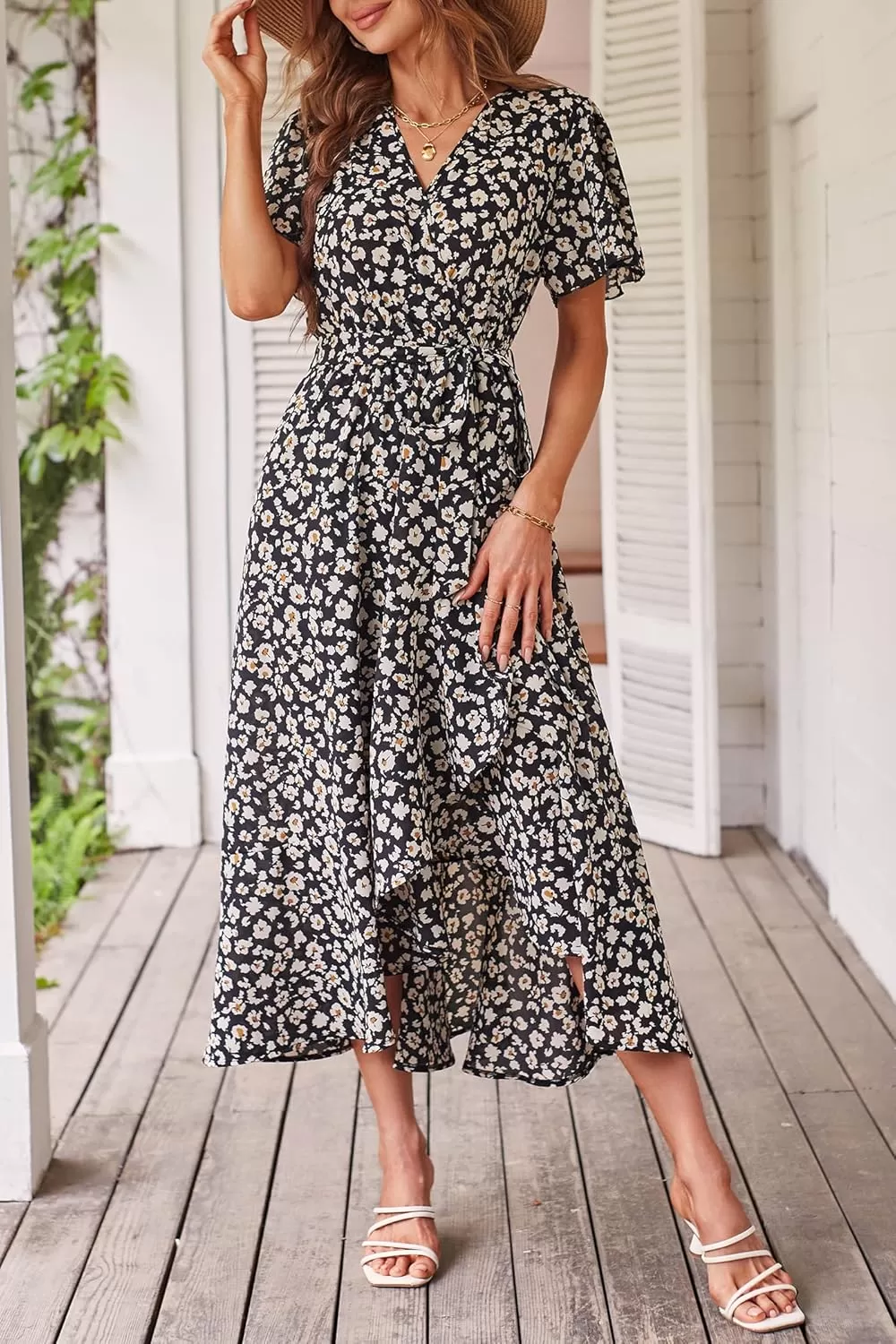 imagePRETTYGARDEN Womens 2024 Floral Boho Dress Wrap V Neck Short Sleeve Belted Ruffle Hem ALine Flowy Maxi DressesPrint Black