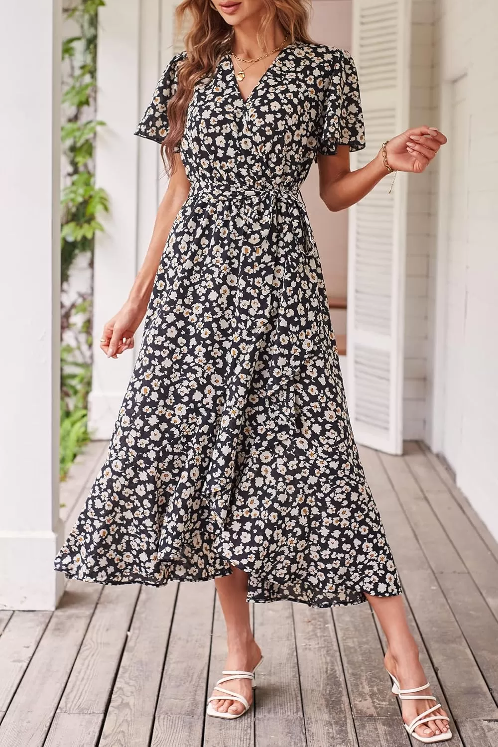 imagePRETTYGARDEN Womens 2024 Floral Boho Dress Wrap V Neck Short Sleeve Belted Ruffle Hem ALine Flowy Maxi DressesPrint Black