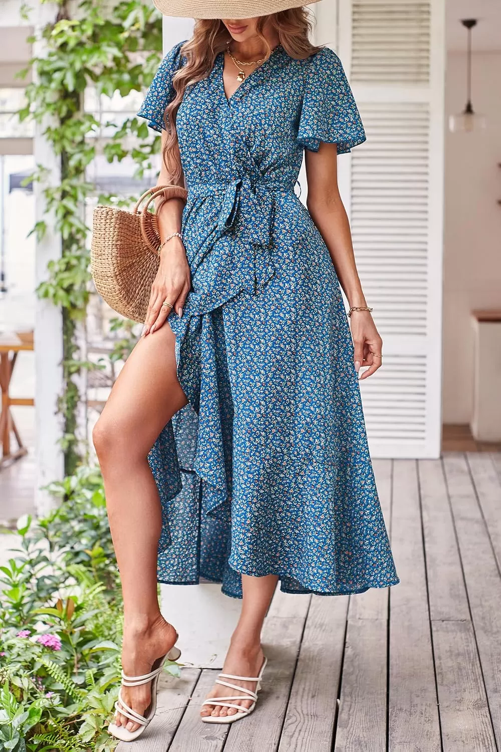 imagePRETTYGARDEN Womens 2024 Floral Boho Dress Wrap V Neck Short Sleeve Belted Ruffle Hem ALine Flowy Maxi DressesPrint Blue