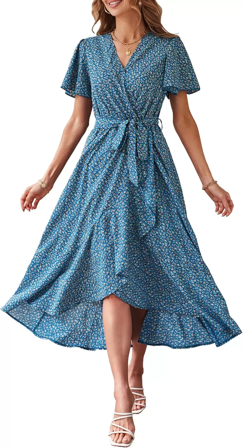 imagePRETTYGARDEN Womens 2024 Floral Boho Dress Wrap V Neck Short Sleeve Belted Ruffle Hem ALine Flowy Maxi DressesPrint Blue