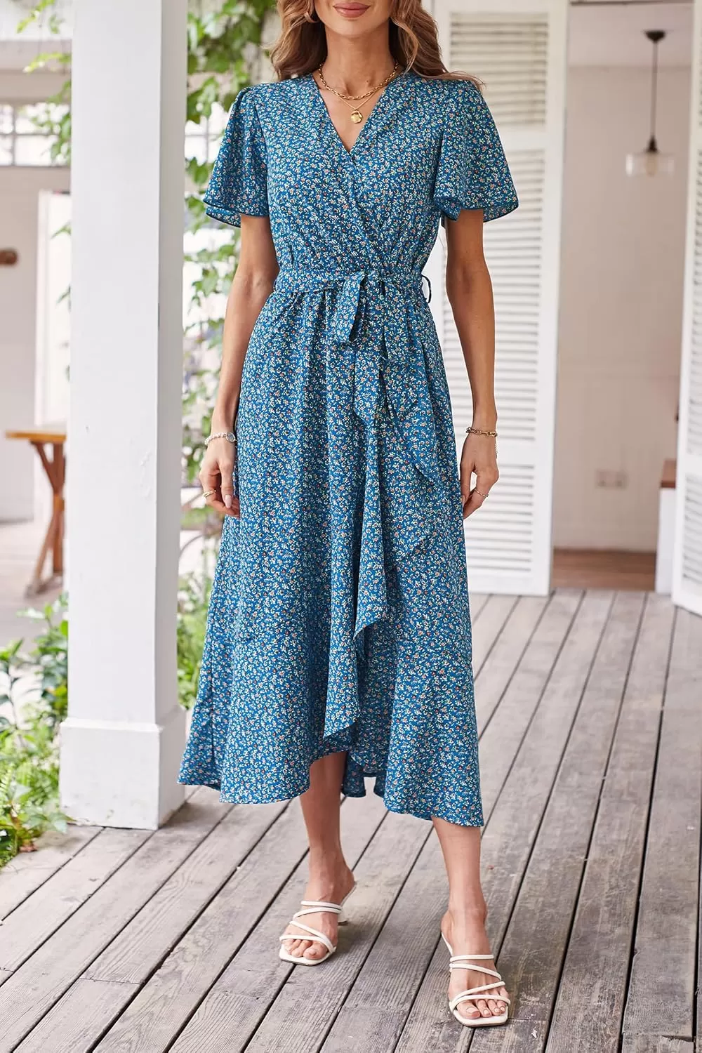imagePRETTYGARDEN Womens 2024 Floral Boho Dress Wrap V Neck Short Sleeve Belted Ruffle Hem ALine Flowy Maxi DressesPrint Blue