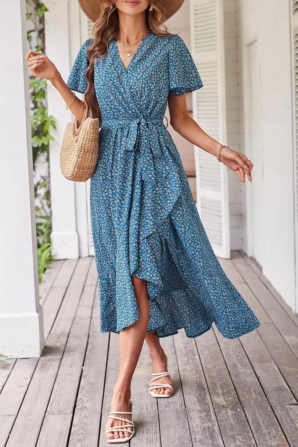 imagePRETTYGARDEN Womens 2024 Floral Boho Dress Wrap V Neck Short Sleeve Belted Ruffle Hem ALine Flowy Maxi DressesPrint Blue