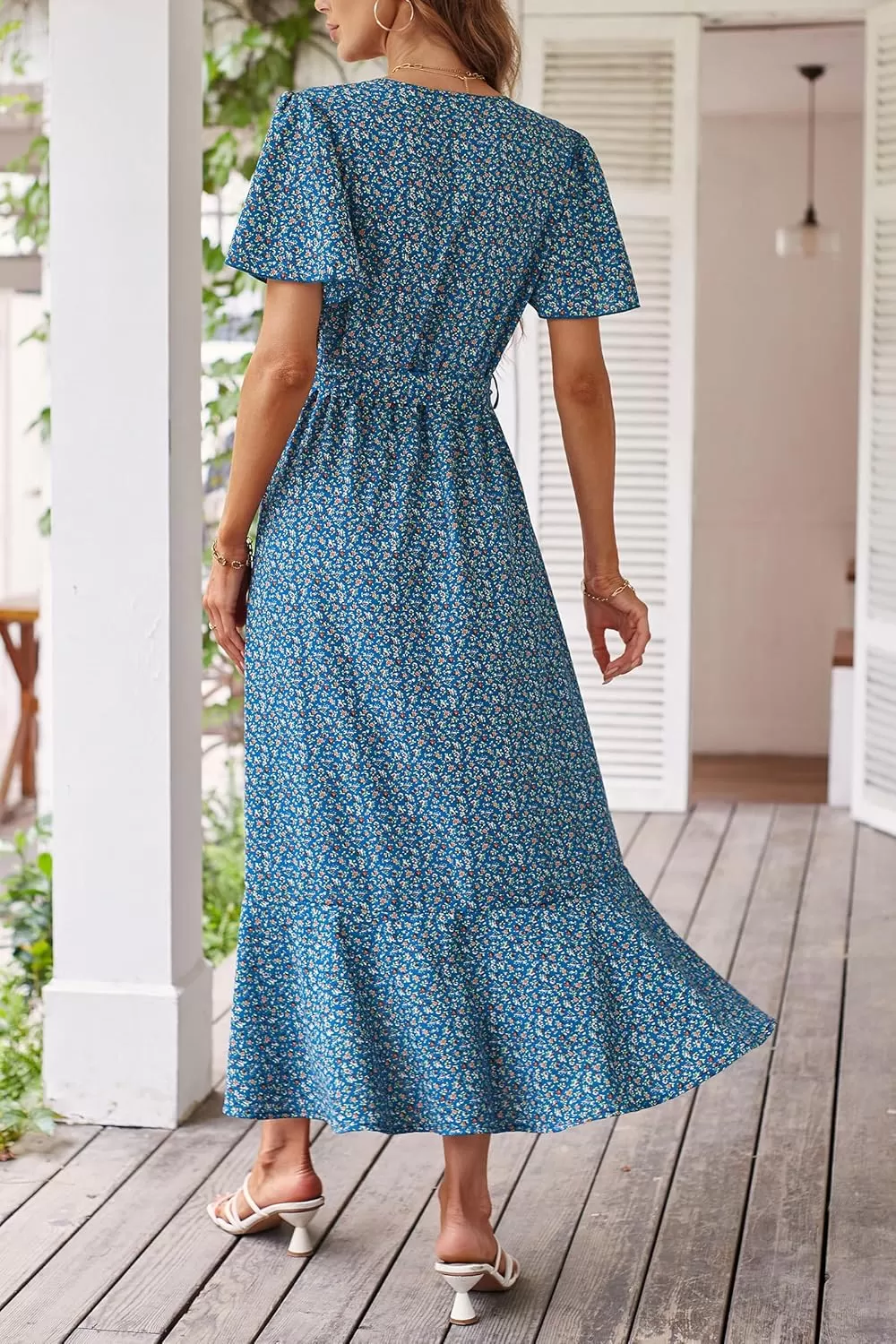 imagePRETTYGARDEN Womens 2024 Floral Boho Dress Wrap V Neck Short Sleeve Belted Ruffle Hem ALine Flowy Maxi DressesPrint Blue