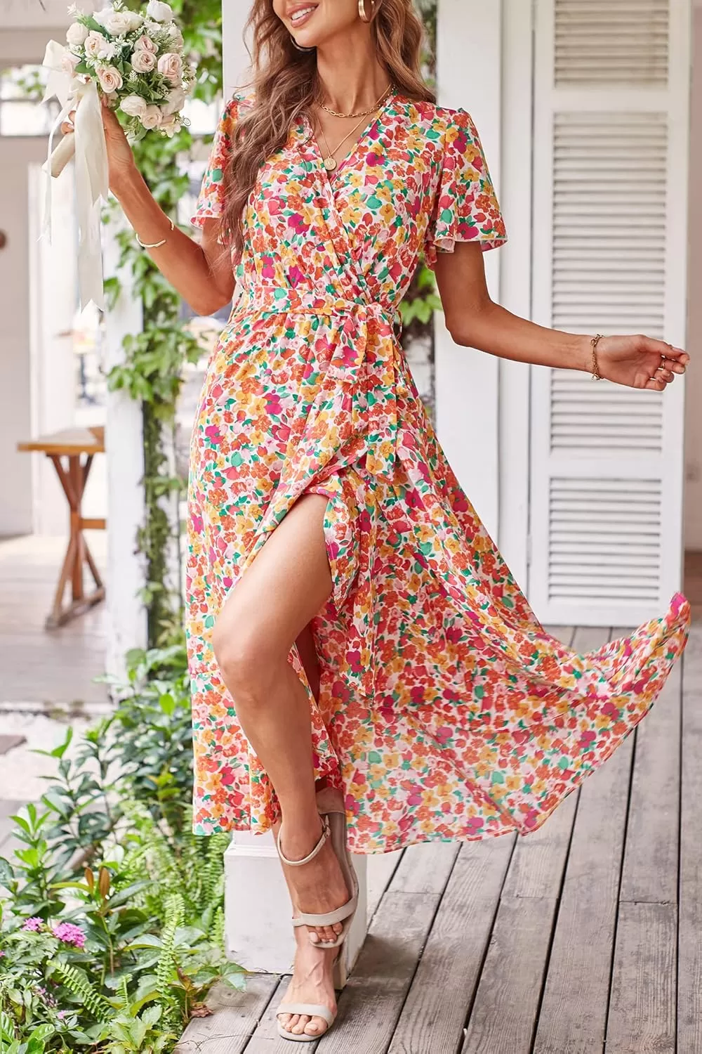 imagePRETTYGARDEN Womens 2024 Floral Boho Dress Wrap V Neck Short Sleeve Belted Ruffle Hem ALine Flowy Maxi DressesPrint White Pink