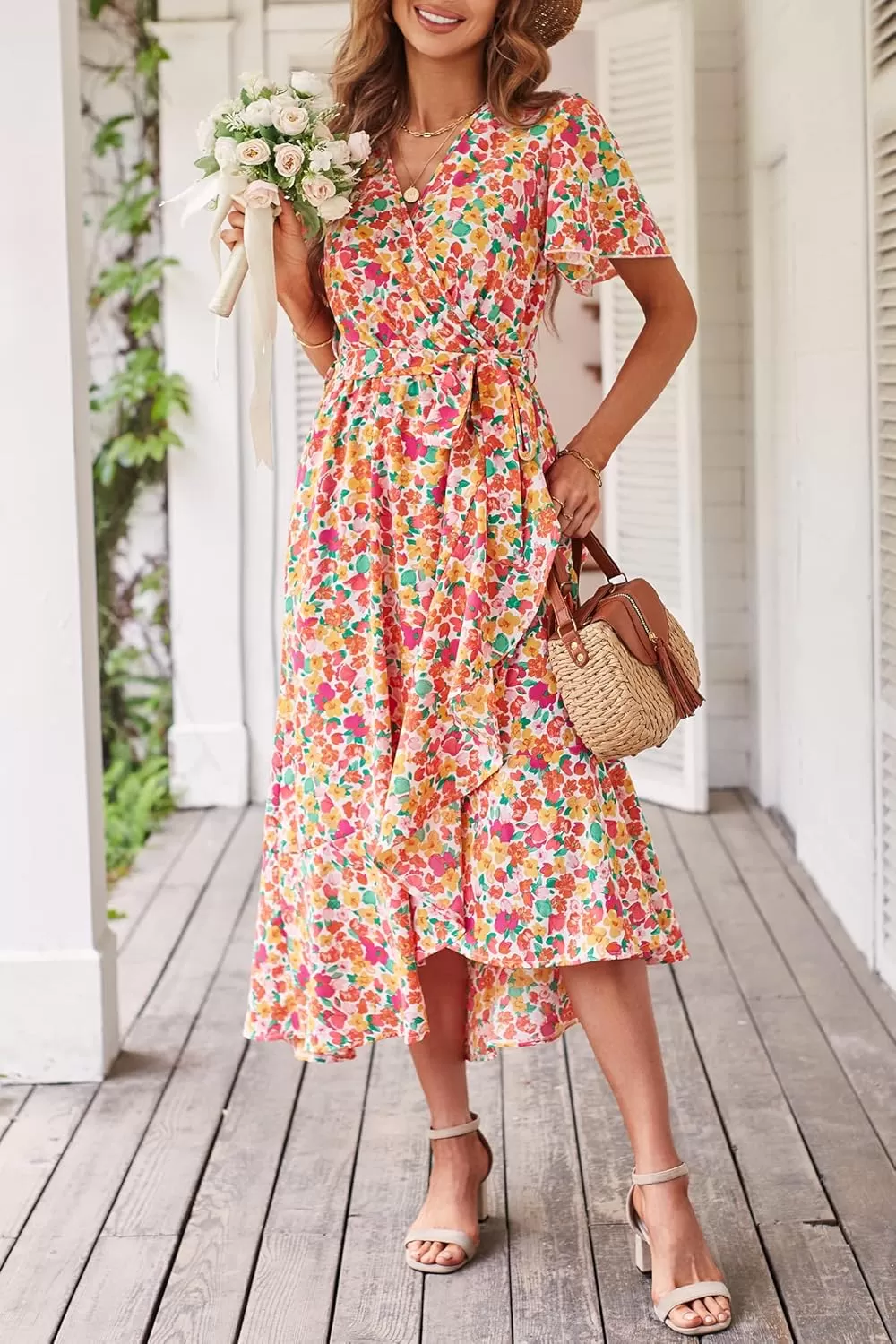imagePRETTYGARDEN Womens 2024 Floral Boho Dress Wrap V Neck Short Sleeve Belted Ruffle Hem ALine Flowy Maxi DressesPrint White Pink