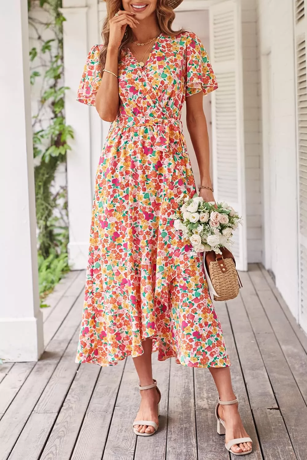 imagePRETTYGARDEN Womens 2024 Floral Boho Dress Wrap V Neck Short Sleeve Belted Ruffle Hem ALine Flowy Maxi DressesPrint White Pink