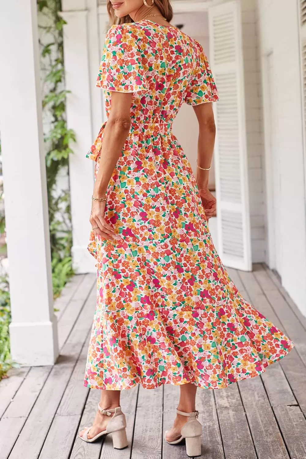 imagePRETTYGARDEN Womens 2024 Floral Boho Dress Wrap V Neck Short Sleeve Belted Ruffle Hem ALine Flowy Maxi DressesPrint White Pink