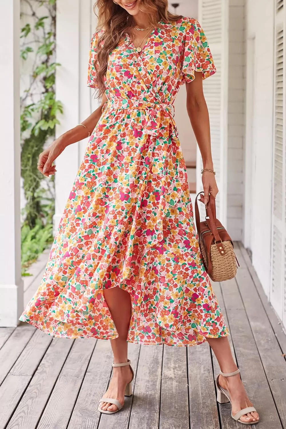 imagePRETTYGARDEN Womens 2024 Floral Boho Dress Wrap V Neck Short Sleeve Belted Ruffle Hem ALine Flowy Maxi DressesPrint White Pink