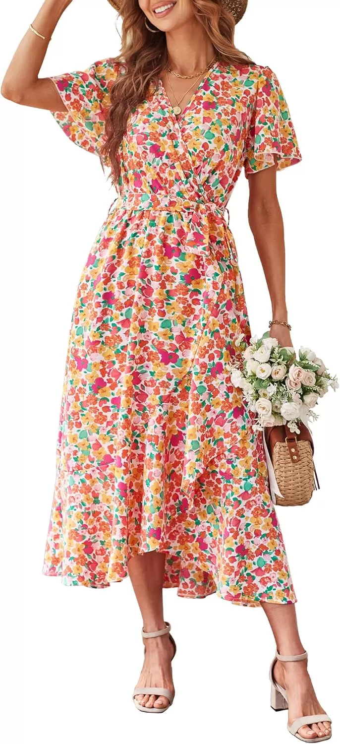 imagePRETTYGARDEN Womens 2024 Floral Boho Dress Wrap V Neck Short Sleeve Belted Ruffle Hem ALine Flowy Maxi DressesPrint White Pink