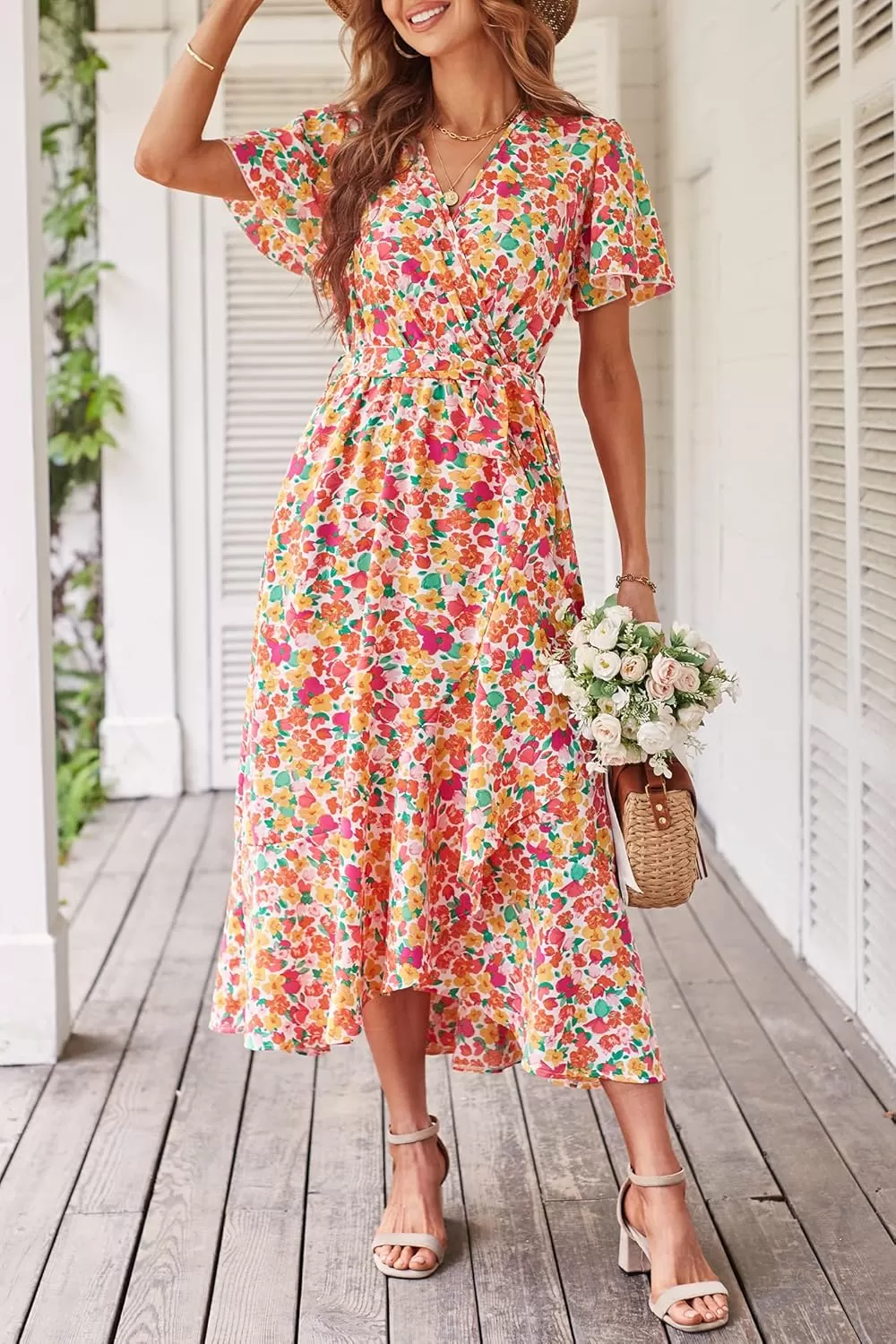 imagePRETTYGARDEN Womens 2024 Floral Boho Dress Wrap V Neck Short Sleeve Belted Ruffle Hem ALine Flowy Maxi DressesPrint White Pink