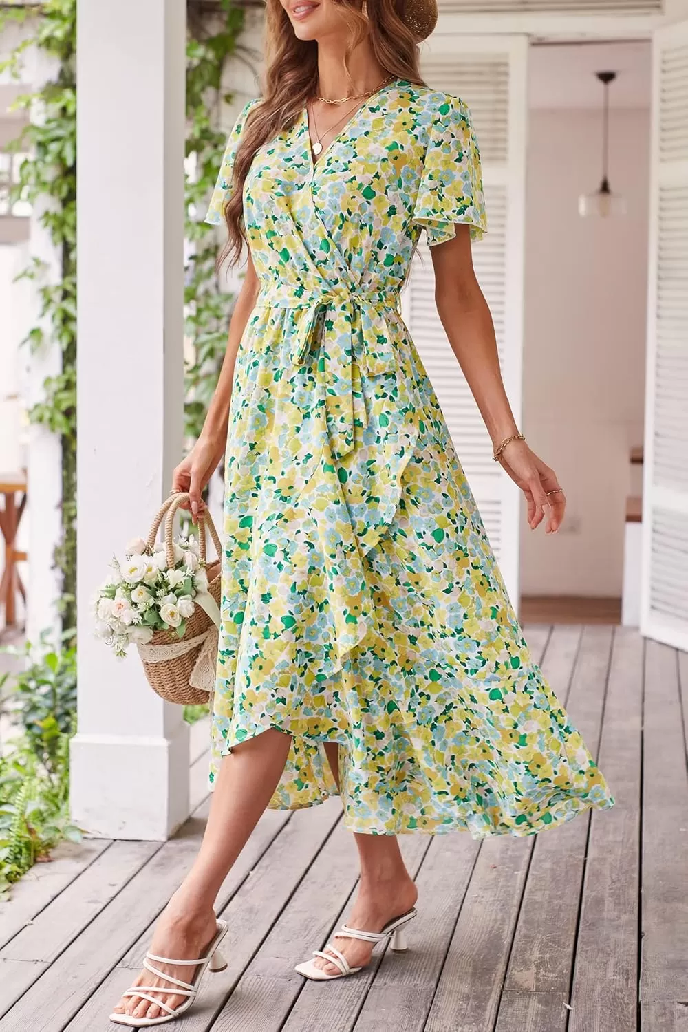 imagePRETTYGARDEN Womens 2024 Floral Boho Dress Wrap V Neck Short Sleeve Belted Ruffle Hem ALine Flowy Maxi DressesPrint White Yellow