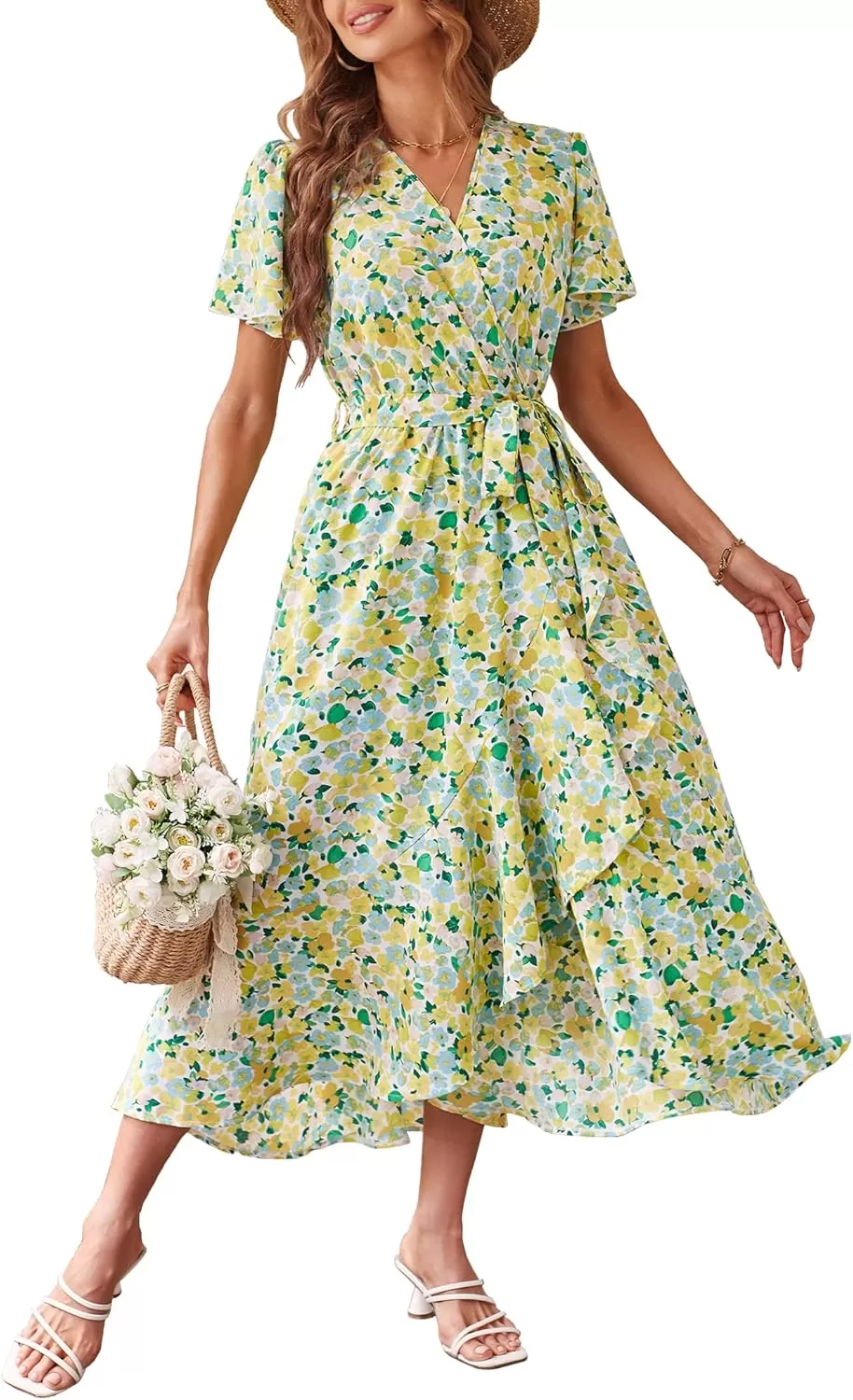 imagePRETTYGARDEN Womens 2024 Floral Boho Dress Wrap V Neck Short Sleeve Belted Ruffle Hem ALine Flowy Maxi DressesPrint White Yellow