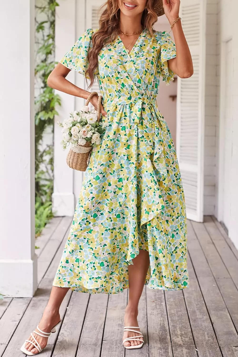 imagePRETTYGARDEN Womens 2024 Floral Boho Dress Wrap V Neck Short Sleeve Belted Ruffle Hem ALine Flowy Maxi DressesPrint White Yellow