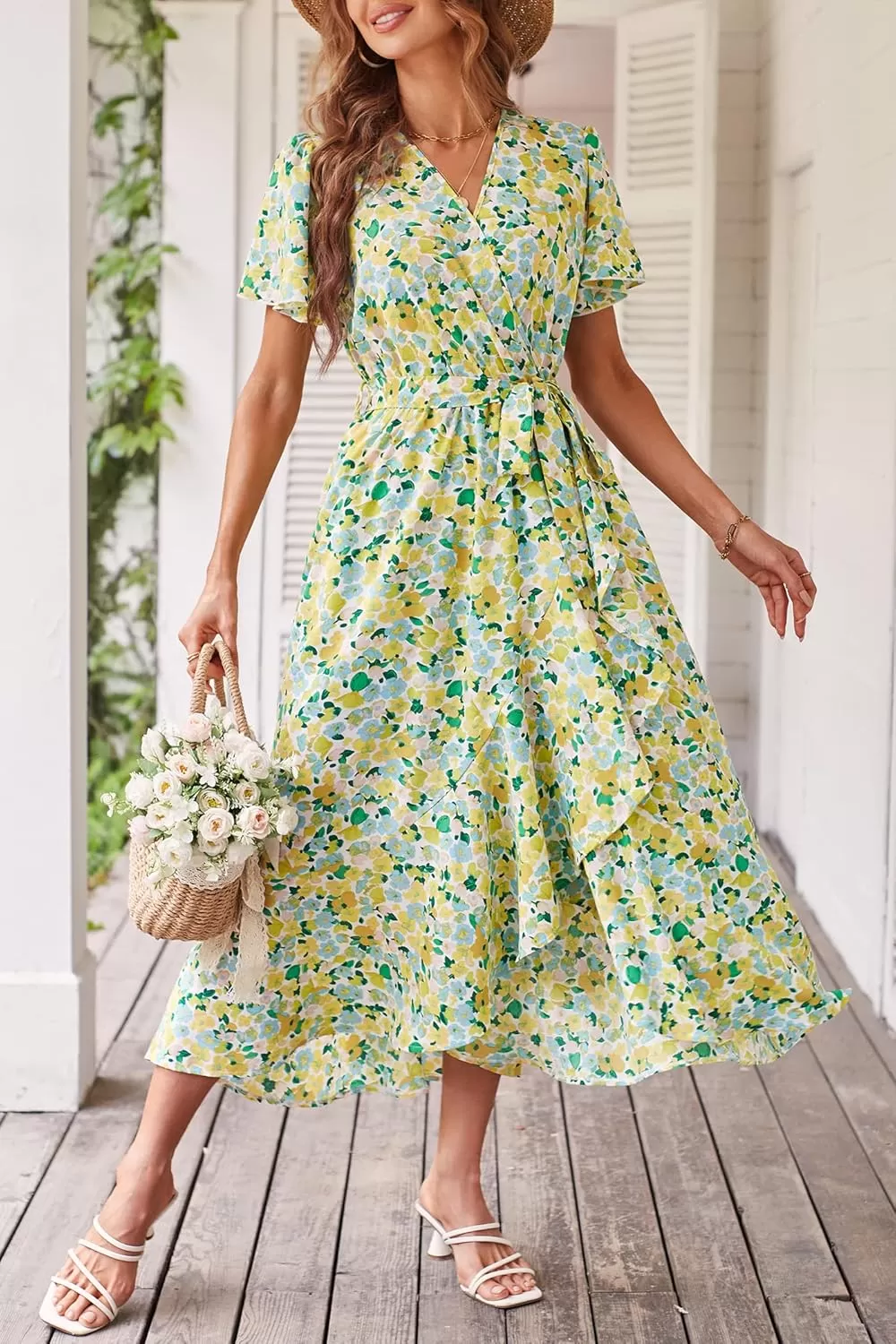 imagePRETTYGARDEN Womens 2024 Floral Boho Dress Wrap V Neck Short Sleeve Belted Ruffle Hem ALine Flowy Maxi DressesPrint White Yellow